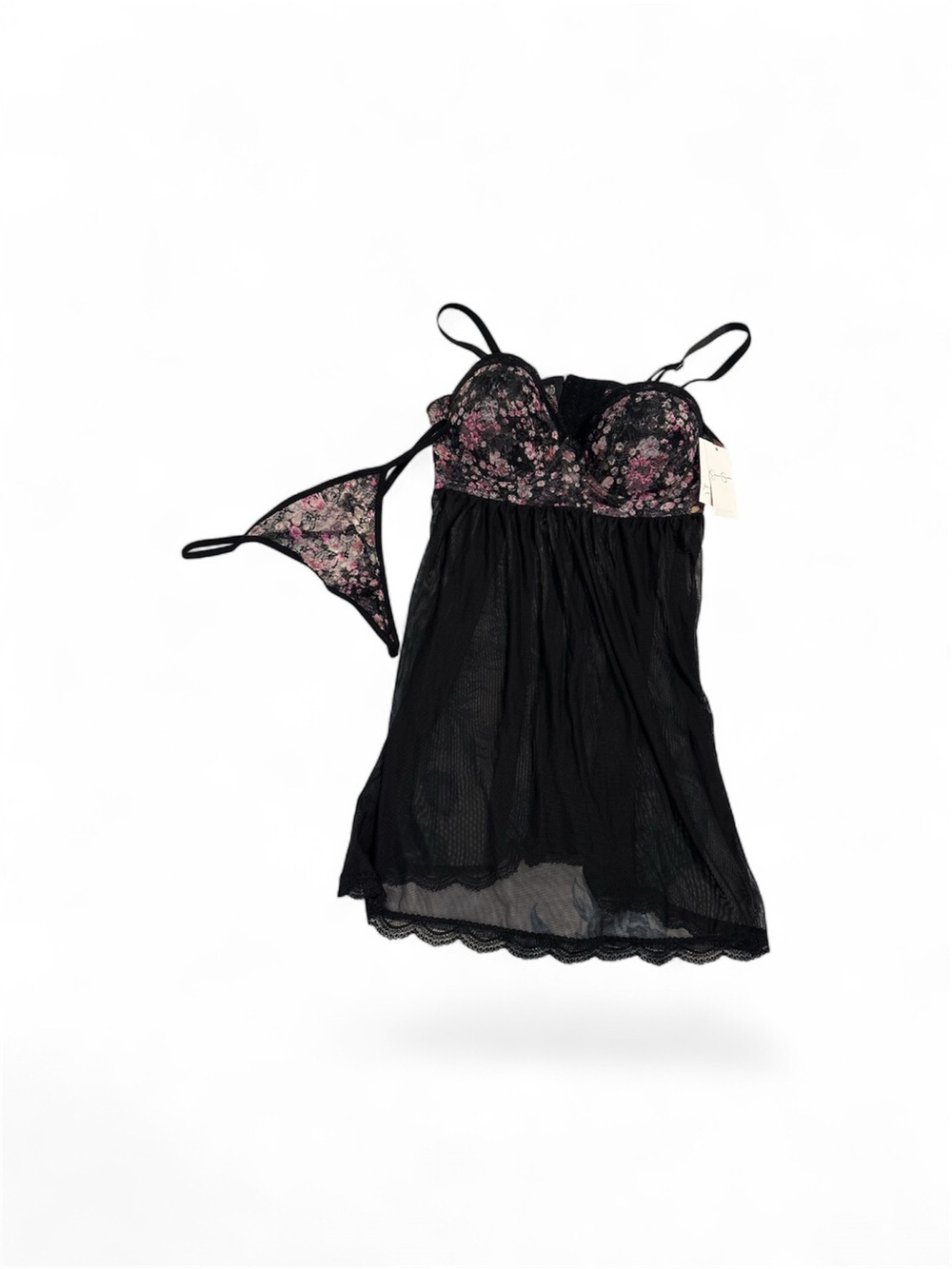 Jessica Simpson Black Floral Mesh Babydoll Chemise with Matching Thong